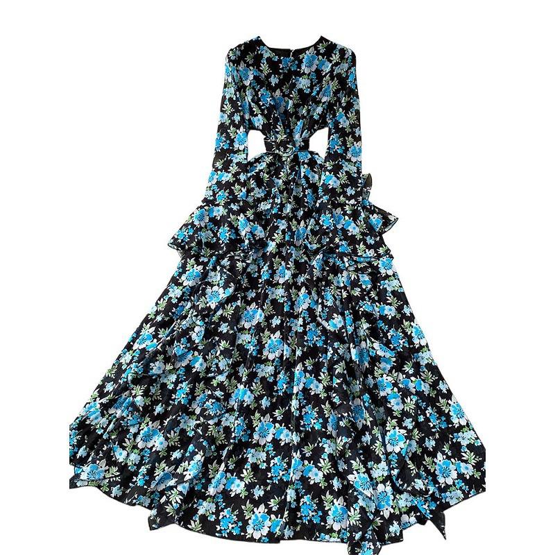 Pastoral romantic wind floral print dress women's spring and autumn horn sleeves waist pendulum elegant ruffle edge long dress