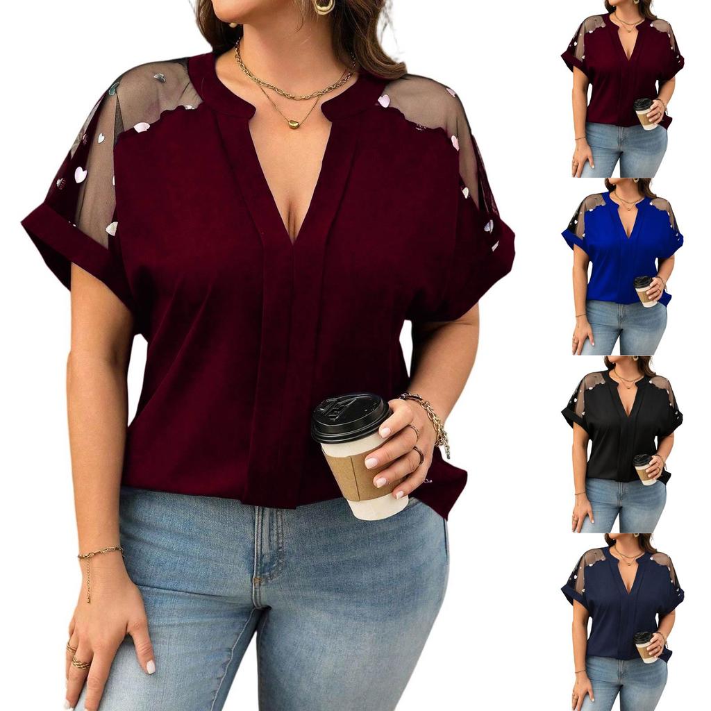 Women's Fashionable Casual Loose-Fit Comfortable V-Neck Mesh Sequin Plus Size Top