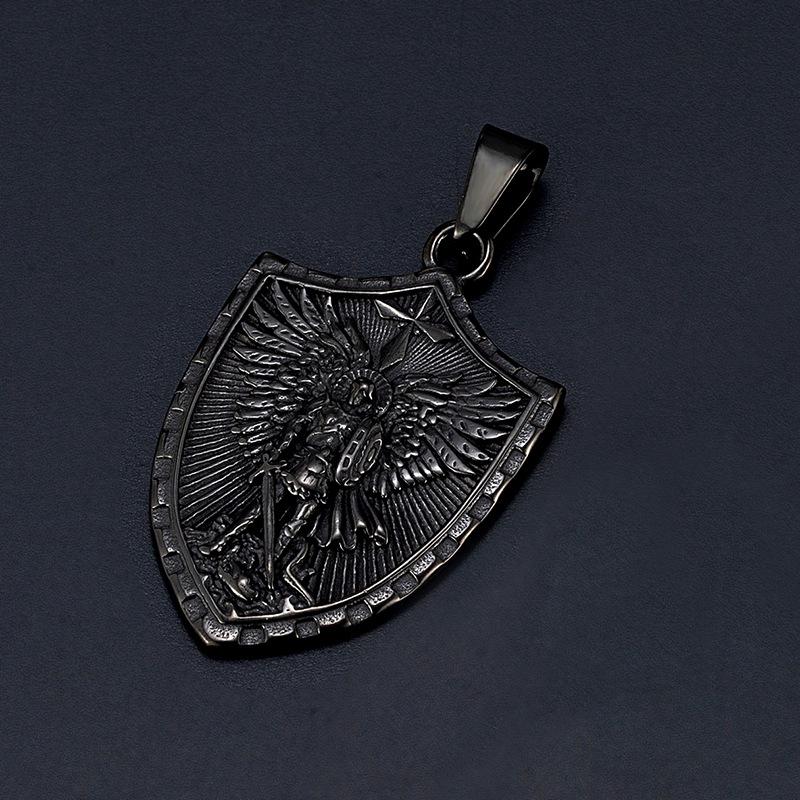 Saint Michael Archangel Stainless Steel Pendant Men's Necklace - Warrior Angel with Sword and Shield