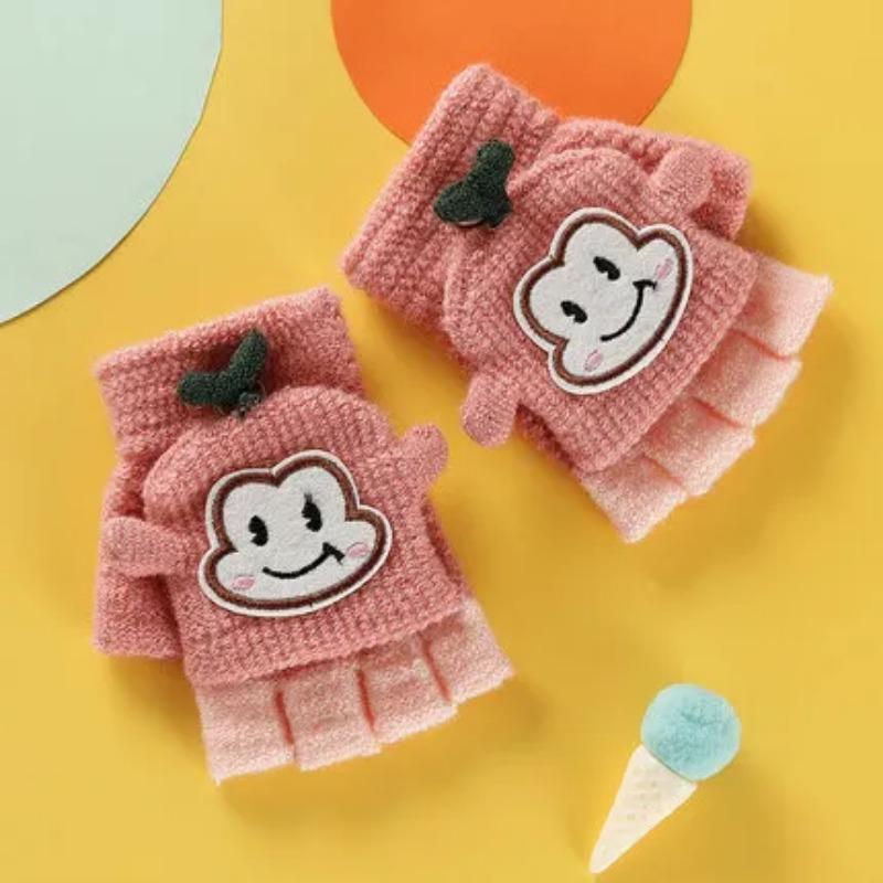 Rukavice s přehozem na půl prstu Roztomilé kreslené dětské rukavice Zimní zateplené pletené pro děti Chlapci Dívky 1-5Y Dětské doplňky