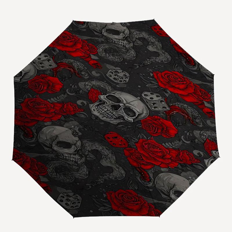 Skull Roses Automatic Folding Umbrella  8 Ribs, Durable Iron Frame, Bright Color Pattern Compact Travel Umbrella, Suitable for Outdoor, Beac