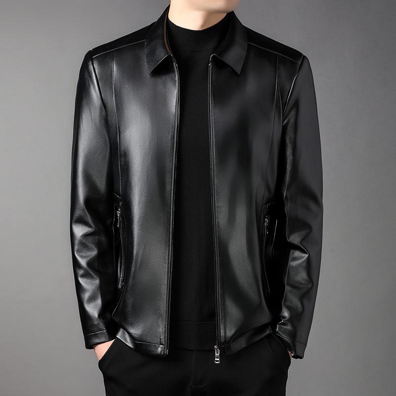 Men's Leather Jacket Men's Autumn New Style Oil Leather Middle-aged Fashion Business Lapel PU Leather Handsome Men's Jacket Trend