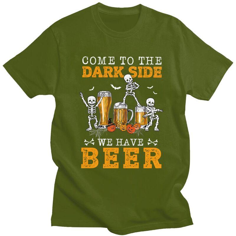 Happy Halloween Skeleton Drinking Beer T Shirts Short Sleeve Tshirt Graphic Tee Tops Pure Cotton Loose Oversized Clothing