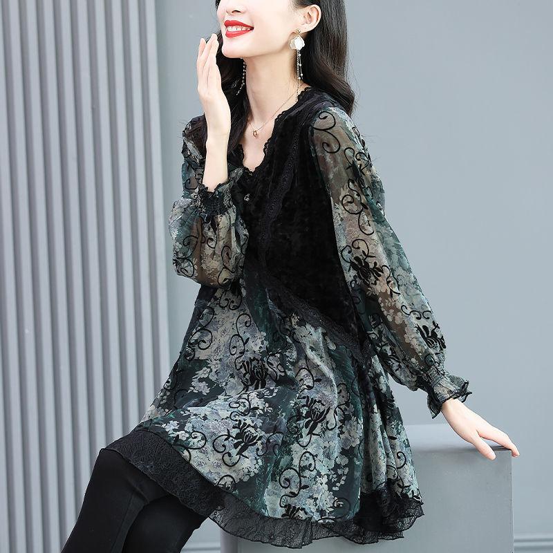 V-neck Lace Chiffon Shirts Women's Spring Autumn Fashion Temperament Velvet Splice T-shirts Loose Size Retro Print Top