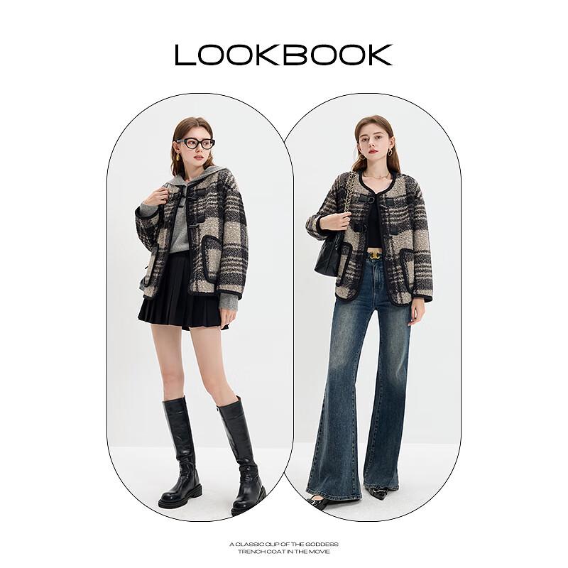 Sancai Women's Winter Plaid Boucle Toggle Button Wool Coat