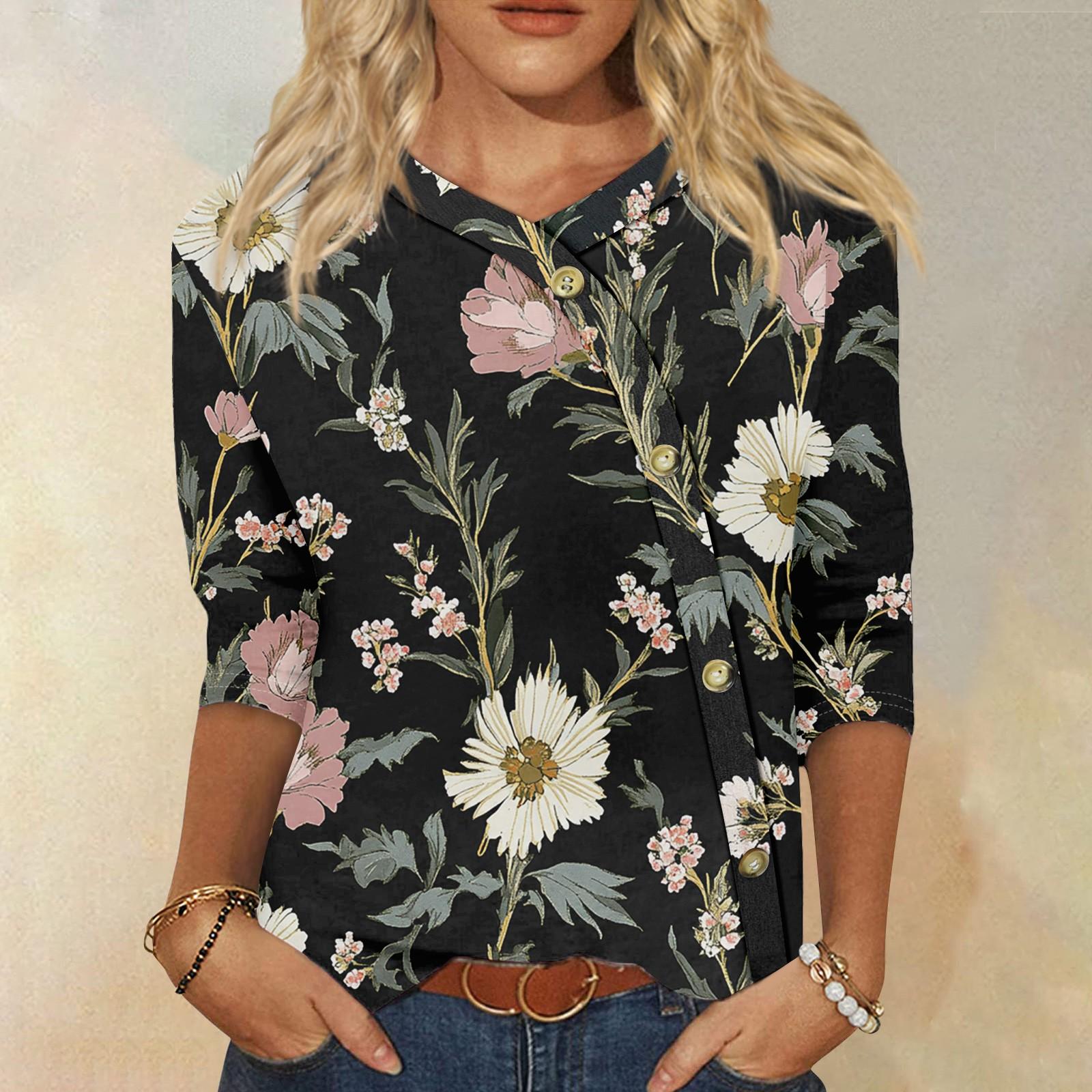 

Женская мода повседневная три четверти рукав винтажный цветочный принт пуговиц круглый вырез топ XL синий