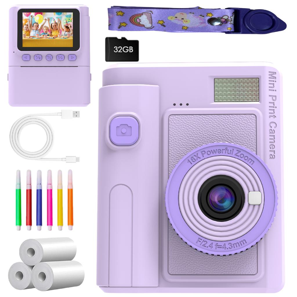 New HD 1080P Kids Print Camera Thermal Paper Instant Print Retro Anytime Photo Video Color Instant Photo Camera Dual Camera