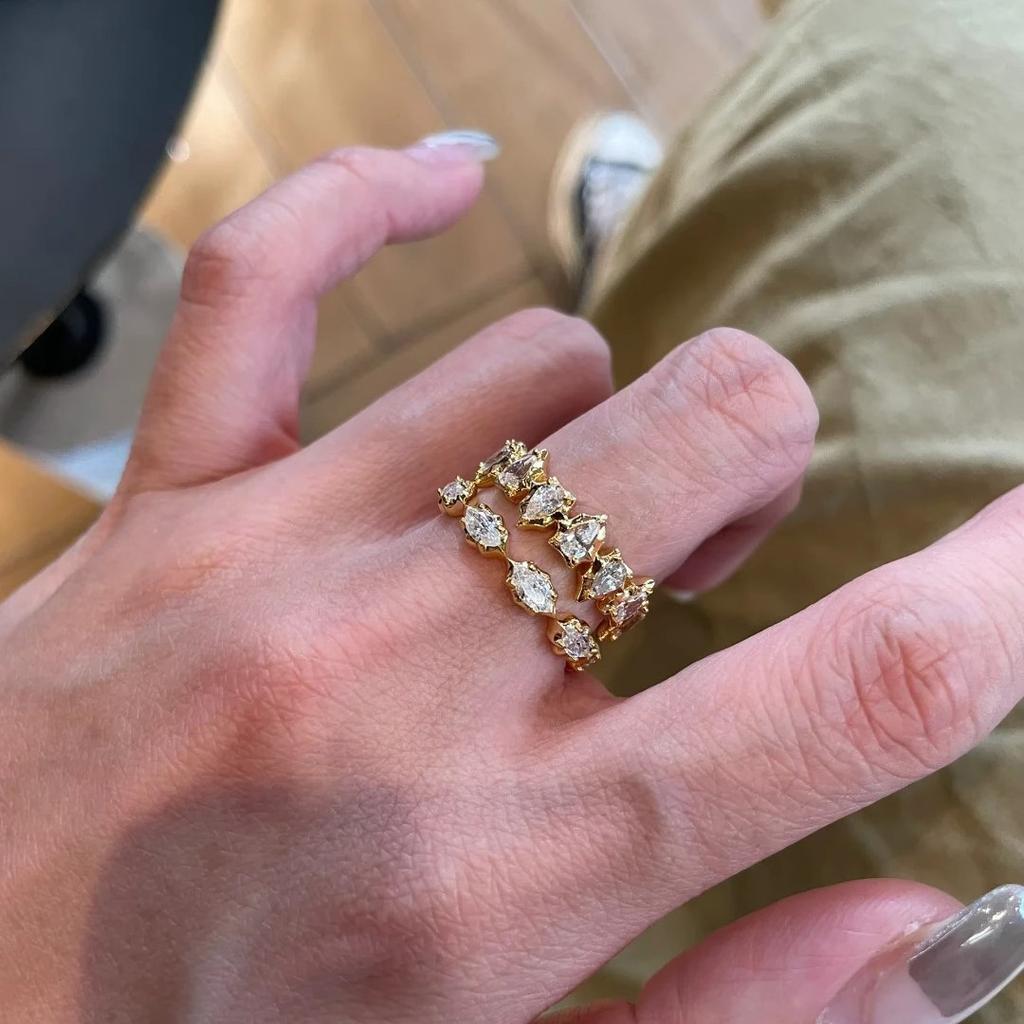 French Retro Simple Niche Design High Carbon Diamond Ring High Sense Irregular Edge Row Diamond Stack Wearing Tail Ring Woman