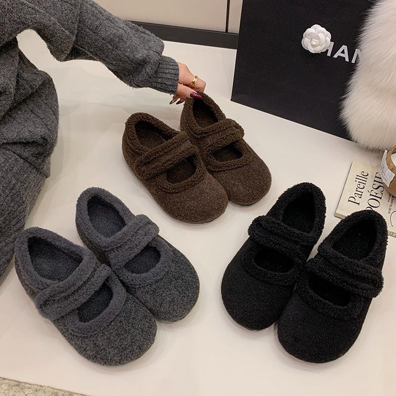 Winter New Platform Woolen Velvet Light Mouth Single Shoes Women's Brown Velcro Mary Jane Wool Cotton Shoes
