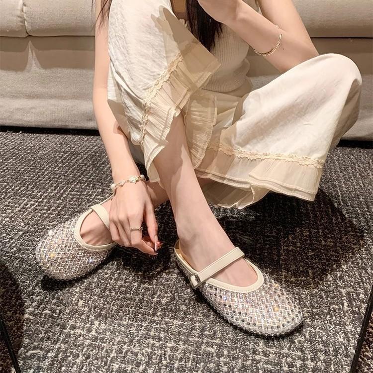 Small Man Increases the Height of Rhinestones Mary Jane Bag Head Half Slippers Women's New Summer Breathable Cool Slippers