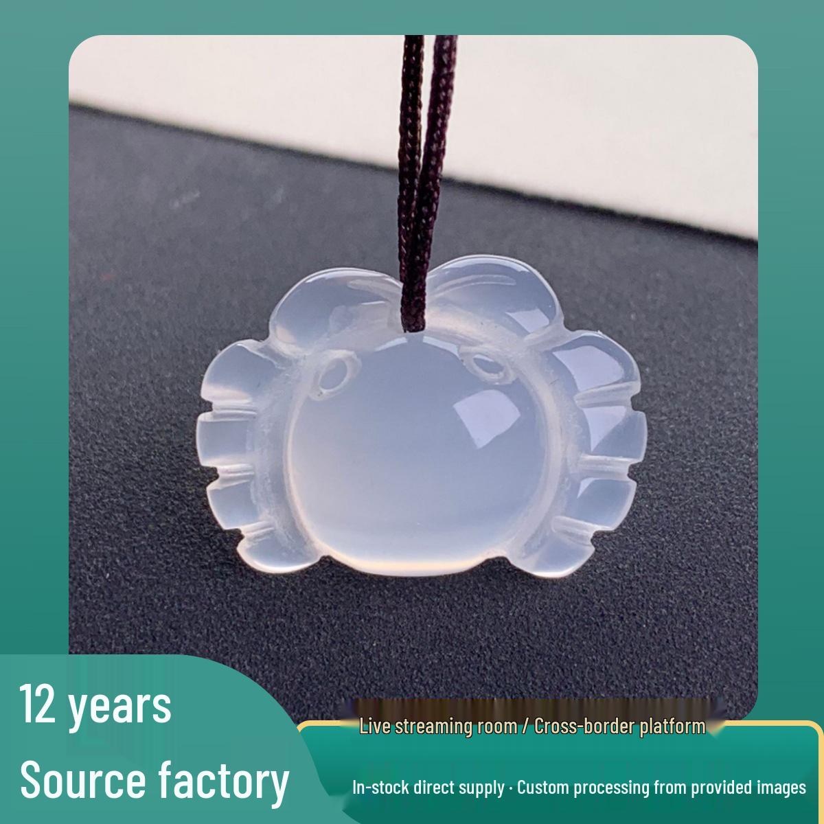 White Agate Chalcedony Eight-Directions Wealth Pendant with Crab Claw Charm - Cute and Playful Accessory White Agate