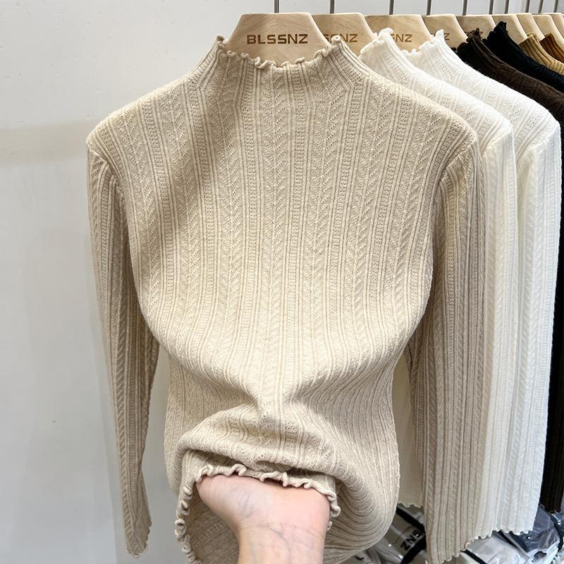 Ear-rimmed Knitted Shirt Half-high Collar Base Shirt Women's White Base Sweater Women's Spring and Autumn New Top