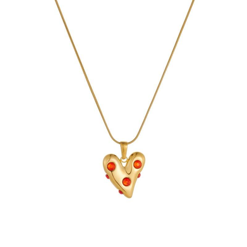 Gold Snake Bone Chain Necklace with Red Crystal Heart Pendant for Women
