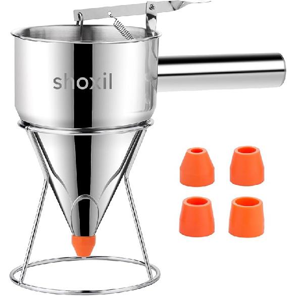 40oz Pancake Batter Dispenser, Stainless Steel Cake Dispenser with 4 Caliber Funnel & Stand, Baking Tools for Pancakes, Cupcakes & Baked Goods
