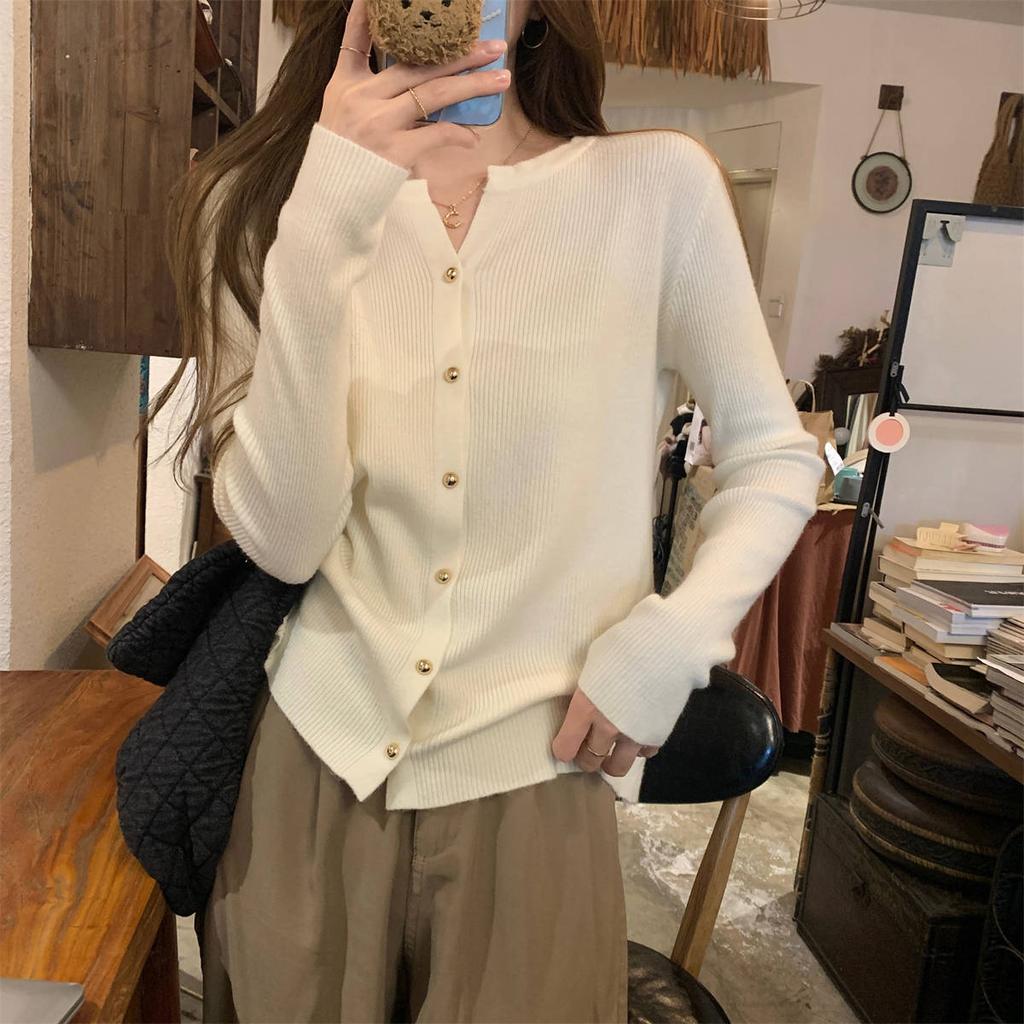 Spring collar single-breasted knitted cardigan women's lazy and versatile simple long-sleeved sweater pit strip top