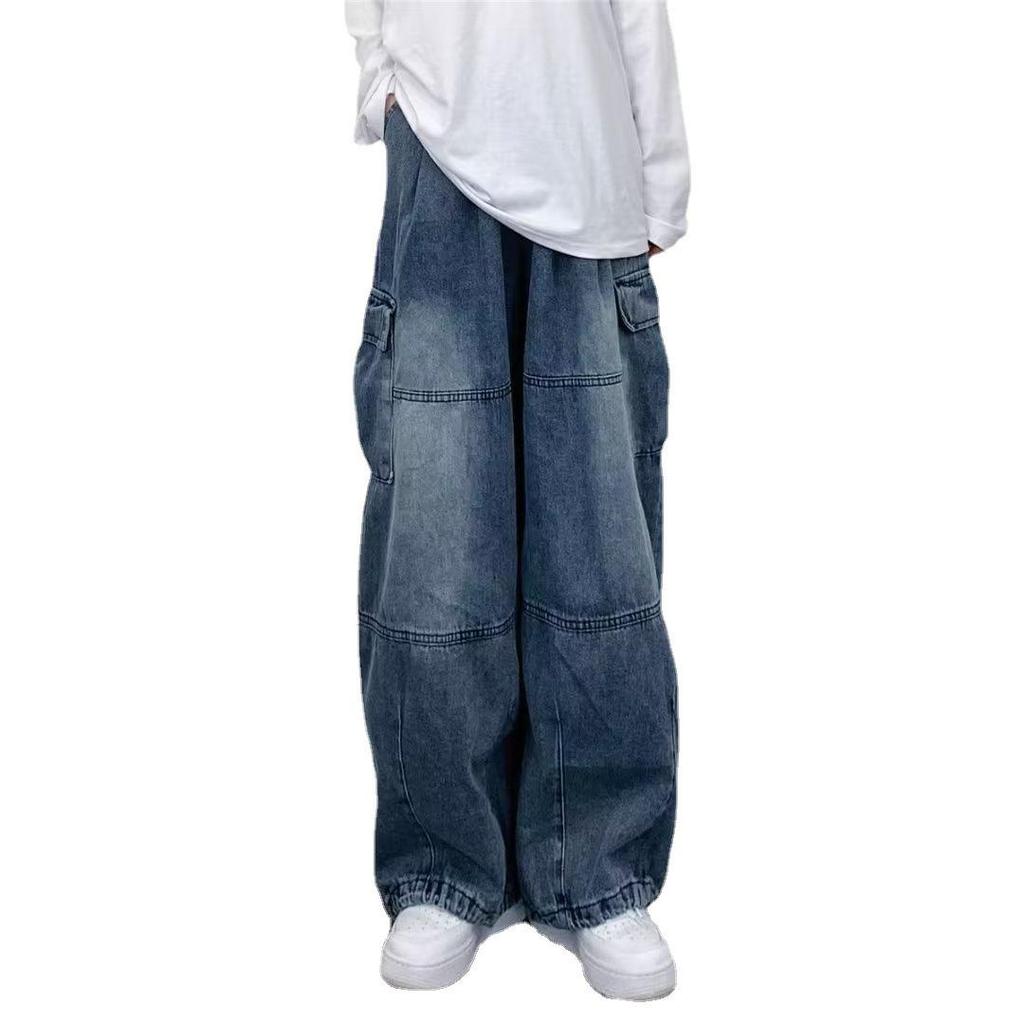2023 Japanische Street Retro Weitbeinige Cargo-Jeans mit Großen Taschen