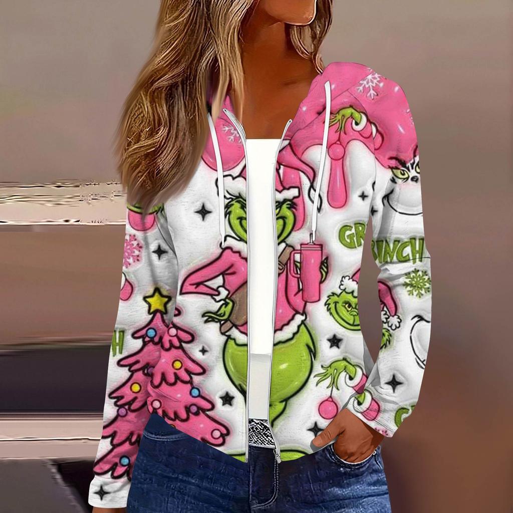 Dámská móda Vánoční potisk Ležérní rozepínací bunda s dlouhým rukávem a kapucí