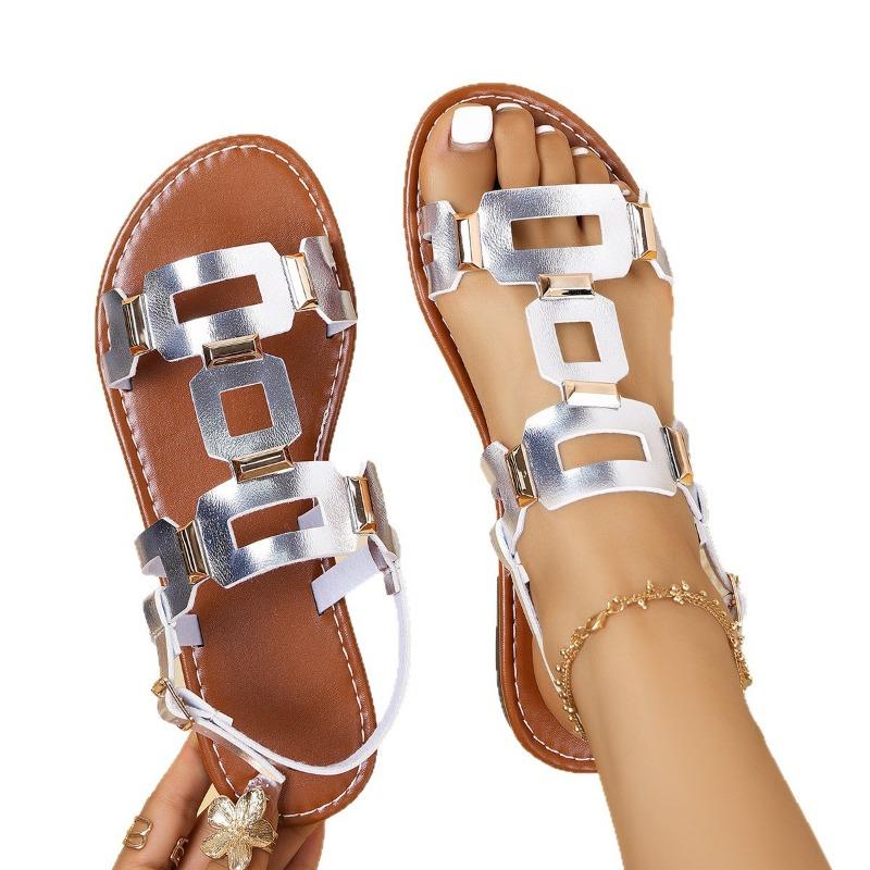Large Size Belt Buckle Flat Bottom Hollow Sandals Women's Fashion Versatile Outer Wear Solid Color Beach Sandals Wish