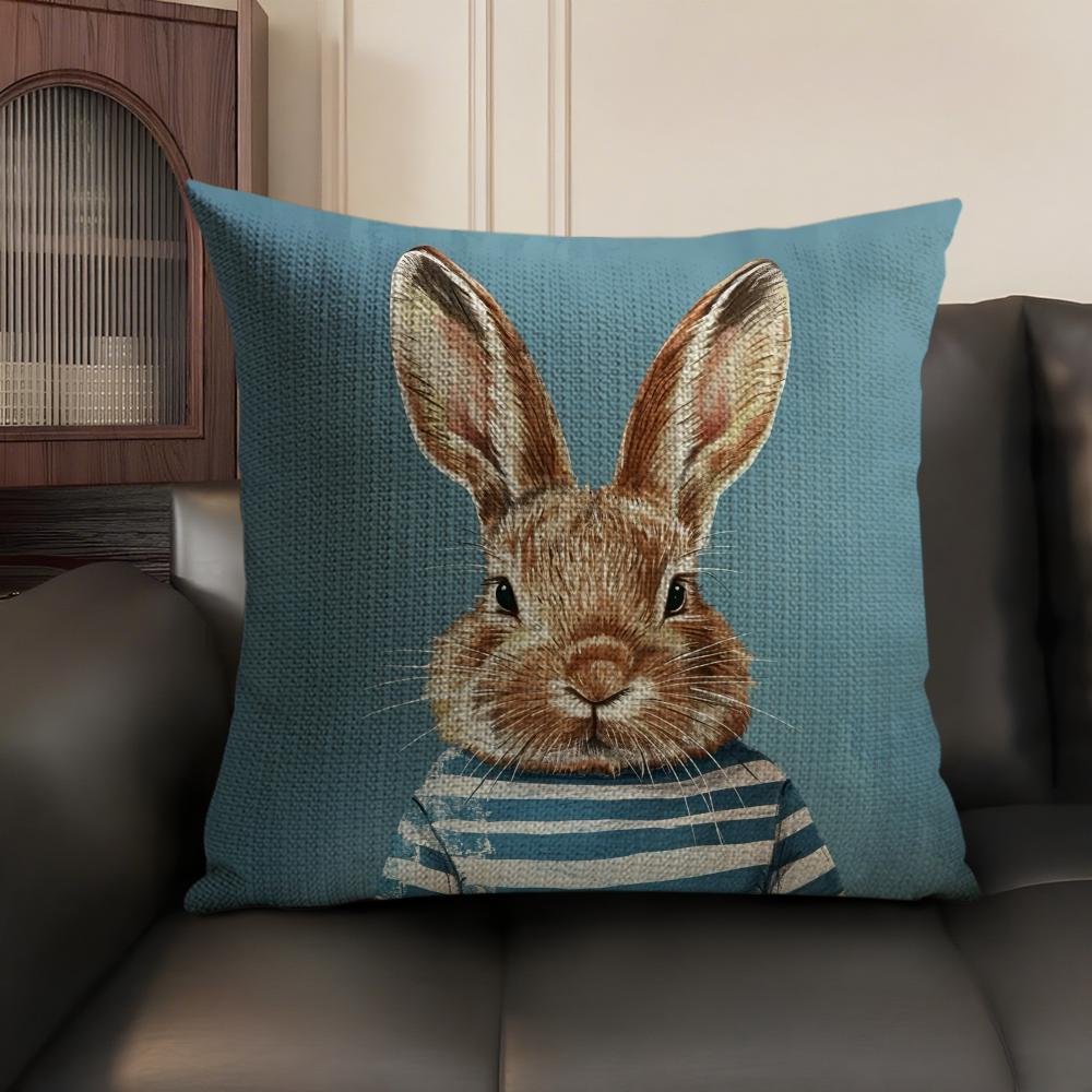 Cute Rabbit Art Cushion Cover Summer Breathable Linen Organic Fabric Double-Sided Printing Sofa Pillow Case Home Decor
