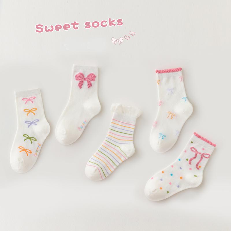 5/3Pairs Sweet Kids Girls Socks bow ties Selected Combed Cotton Solid Breathable Comfortable Mid-calf Children's Socks For Girls