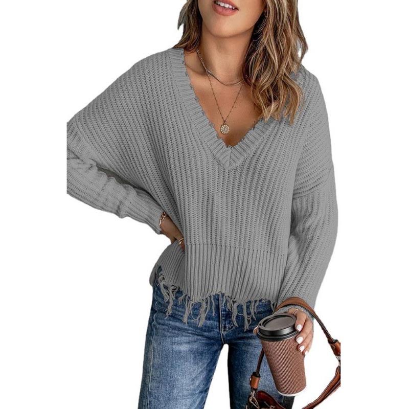 Autumn and winter fashion new style gray cotton V-neck long-sleeved tassel ripped sweater casual loose blue ladies pullover sweater top AL6101 S 2119₽