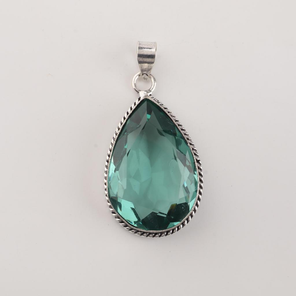 Green Apatite Gemstone Silver Pendant 1.8" , 925 Sterling Silver Handmade Jewelry, Pear Shape Pendant For Women PP-65-8