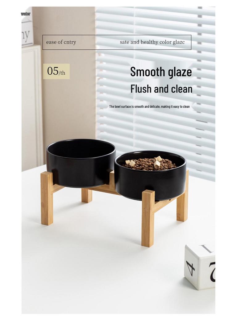 Ceramic Pet Food Bowl with Elevated Bamboo Stand - Anti-Tip Design for Dogs and Cats, Protects Cervical Spine