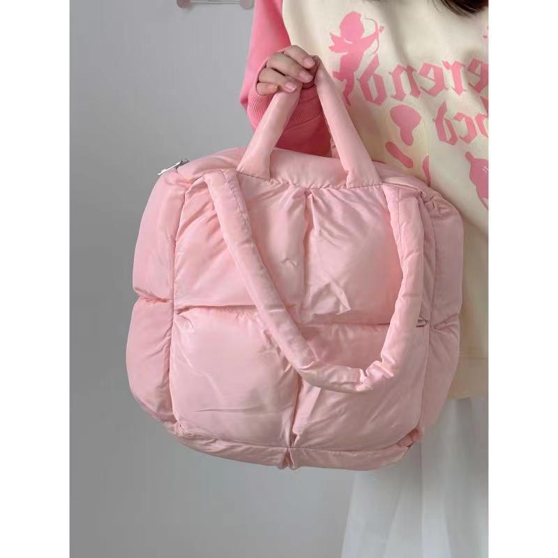 

JIAERDI Sweet Cute Pink Tote Bag Women Puffed Checkerboard Soft Shoulder Bags Ladies Square Large Capacity Pillow Underarm Bag 31x29x12cm рожевий