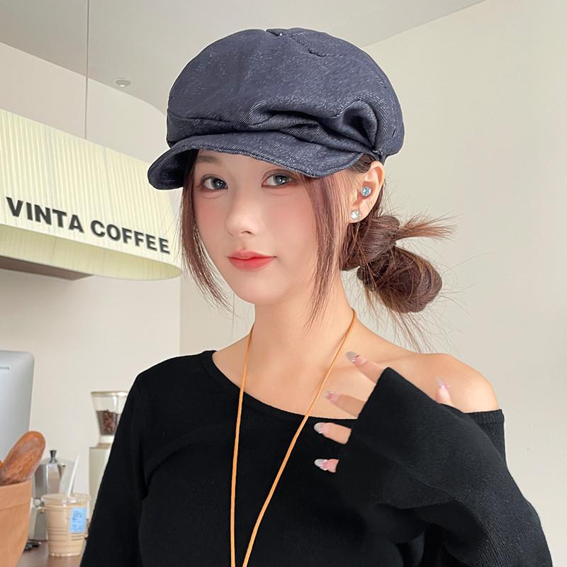 Solid Color Simple Pleated Design Women Casual Summer Sun Shading Denim Beret