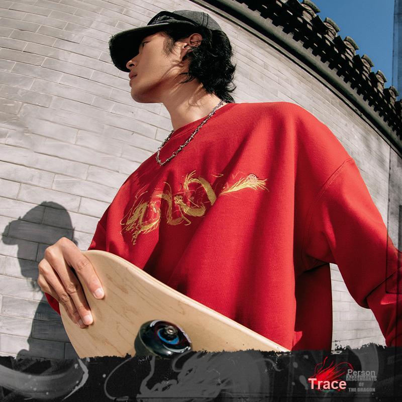 Li Ning CF Motivo Discendente del Drago Felpa Sportiva Lavorata a Maglia a Maniche Lunghe Girocollo Pullover Stampato Uomo felpa Nero AWDU813-1