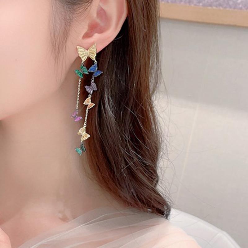 Temperament Cubic Zirconia Inlaid Decorative Facial Earrings Long Tassel Flying Butterfly Earrings