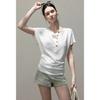 French White Henry Neck Front Shoulder Waist Short Sleeve T-Shirt Women's Summer Loose Skinny Top