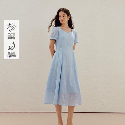 Inman French Square Neck Cinched Waist Short Sleeve Dress