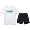 Li Ning Cartoon Print Round Neck Short Sleeve T-Shirt And Solid Logo Sports Shorts Set Men Tops And Bottoms White Black AHSR340-11+AKSS985-1
