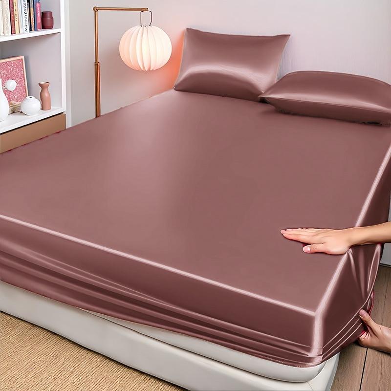 High-end Satin Fitted Sheet with Elastic Band Solid Color Silky Bed Sheet Smooth Non-Slip Mattress Cover Bedspreads Bed Linen