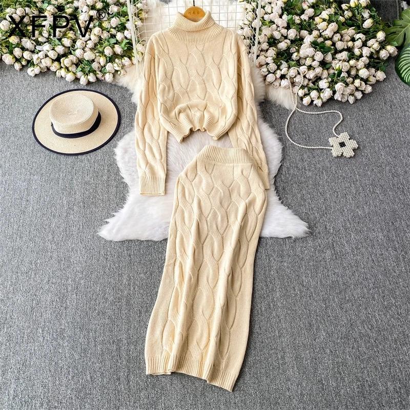 Autumn 2 Piece Set Turtleneck Sweater For Women Casual Fashion Style Chic Weave Top + High Waist Elegant Long Skirt