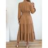 Women Elegant Solid Color Pom Pom Long Sleeve High Waist Ruffled A Line Long Dress