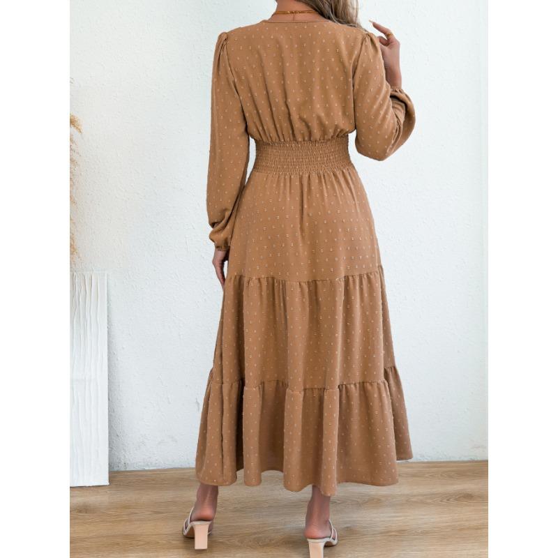 Women Elegant Solid Color Pom Pom Long Sleeve High Waist Ruffled A Line Long Dress