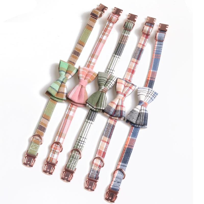 New Pet Dog Collar British Plaid Retro Rose Gold Bow Full Metal Collar  Dog Accessories Chihuahua Dog Y Harness