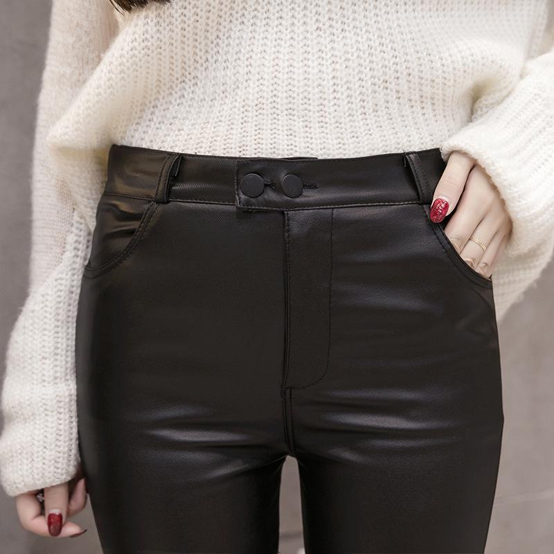 Korean Style Fleece-Lined PU Matte Leather Skinny Leggings with Single/Double Buttons
