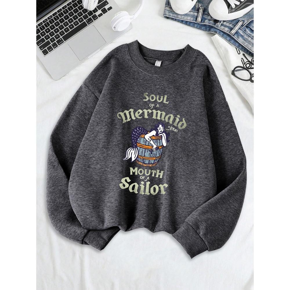 Seele einer Meerjungfrau Druck Sweatshirts Damen Winter Warme Hoodies Rundhals Lockerer Pullover Basics Sportliche Damenbekleidung