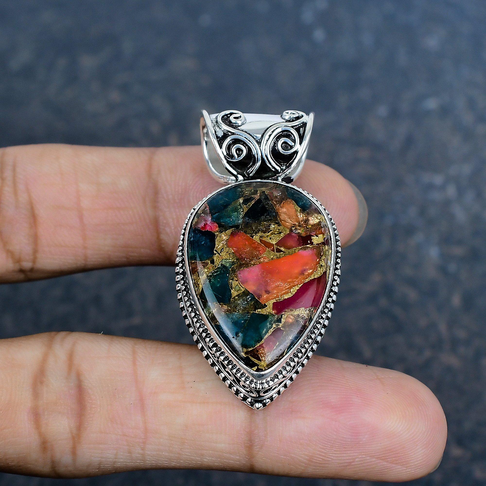 

Многоцветный медный бирюзовый кулон ручной работы с драгоценным камнем, кулон из стерлингового серебра 925 пробы, красивые ювелирные изделия, дизайнерский кулон 1.77 Inches