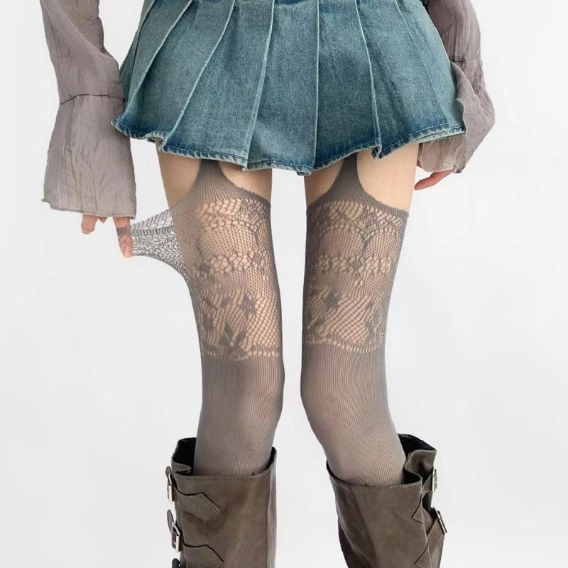 Women Hollowout Garter Belt Pantyhose Flower Lace Patterned Sheer Thigh High Stockings Suspender Strap Tights Hosiery