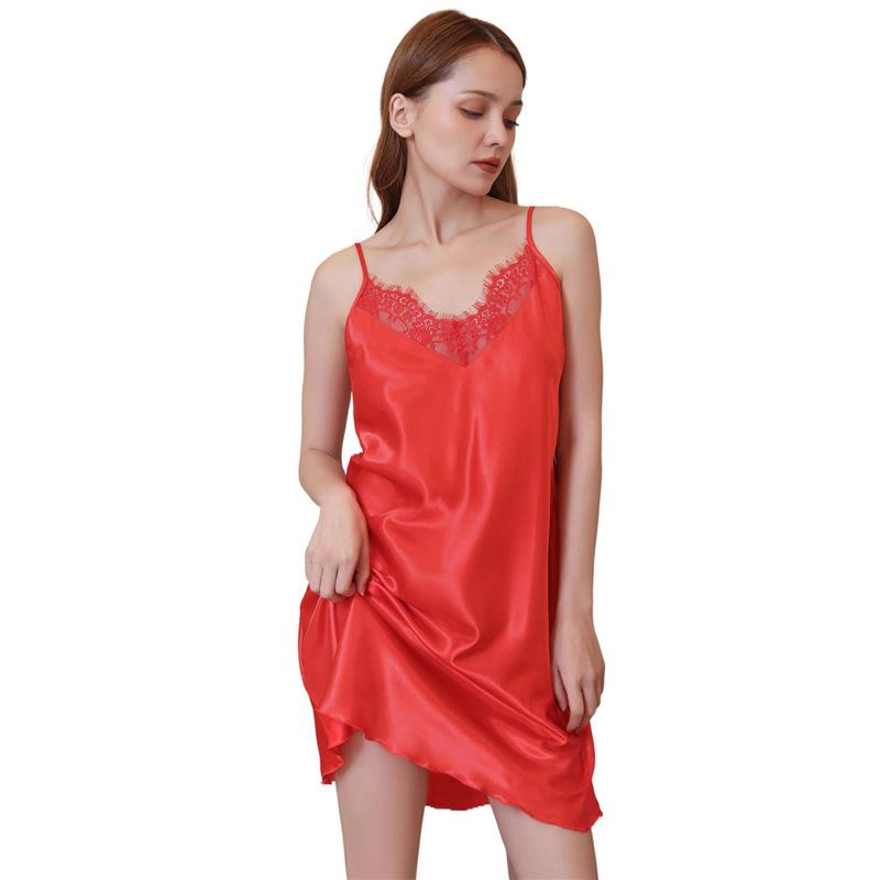 Plus Size V-Neck Lace Trim Silk Satin Strappy Nightdress