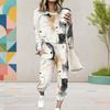Women Plus Size Printed Round Neck Long Sleeve Cuffed Top And Cuffed Pants Two Piece Set