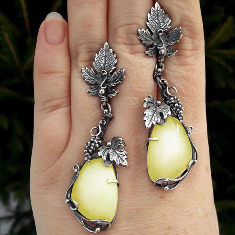 

Винтажные серьги серебряного цвета, серьги с виноградными листьями, растениями и лунным камнем для женщин, помолвка, юбилей, вечерние украшения, подарок жёлтый