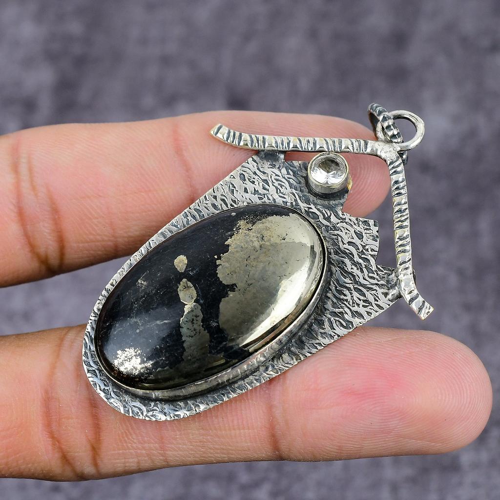 Natural Pyrite Agate, Topaz Handmade 925 Sterling Silver Pendant 2.36" J9n88