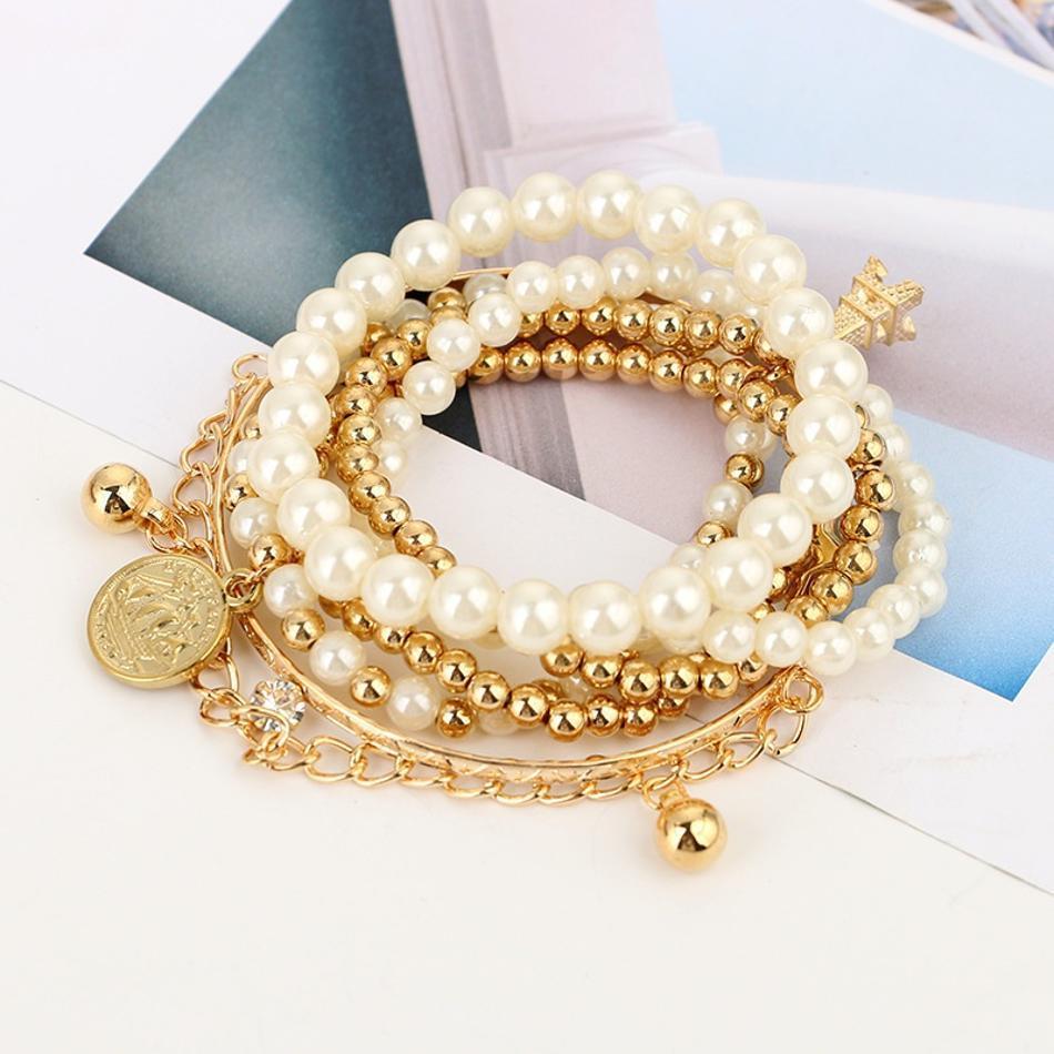 6 Pcs New Fashion Imitation Pearl Retro Bracelet Coin Six-piece Jewelry Multi-layer Elastic Fashion Bracelet