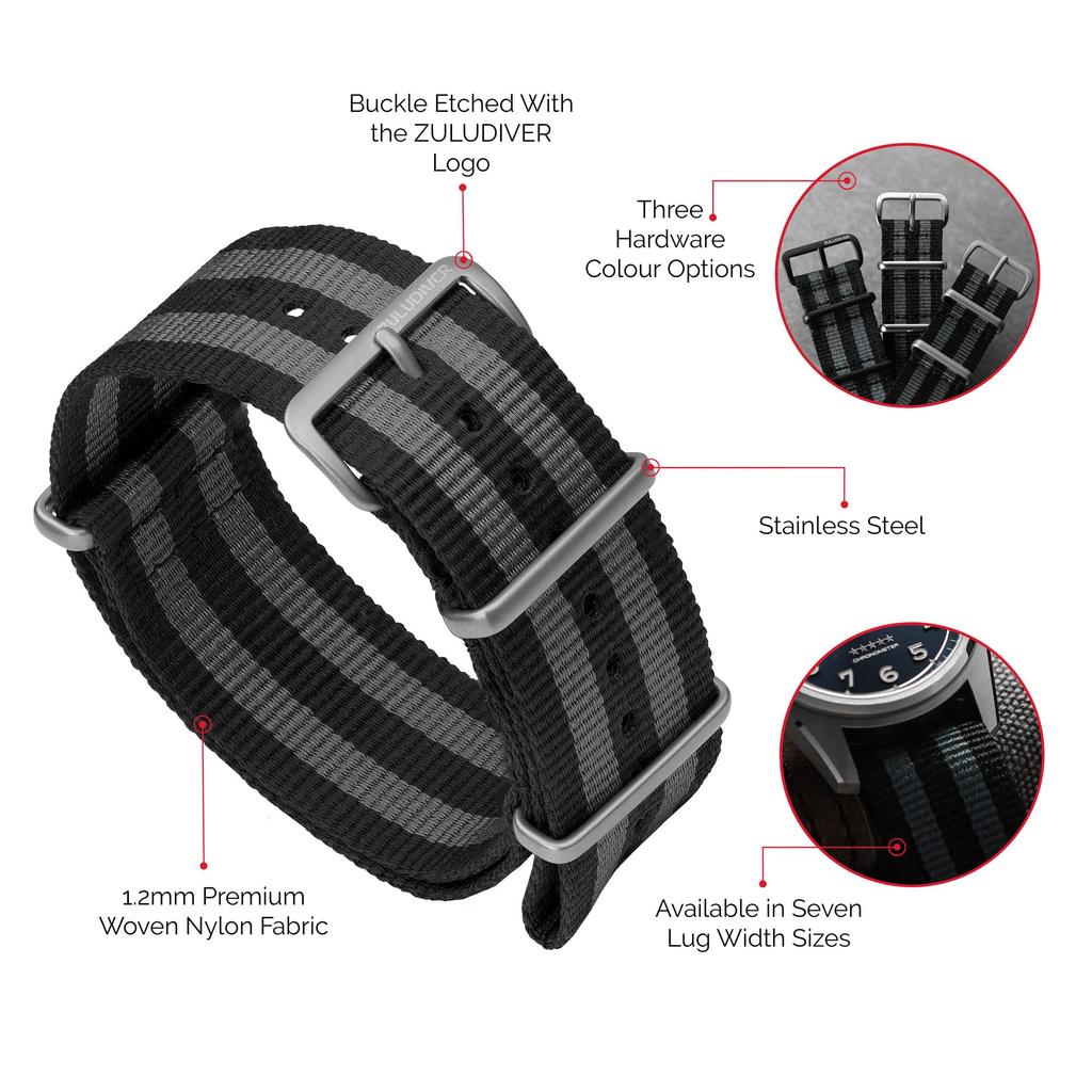 Zulu Diver Classic Bond 1973 British Cadet Nylon Watch Band Black Gray Polished Buckle 21mm [ZULUDIVER] & - -
