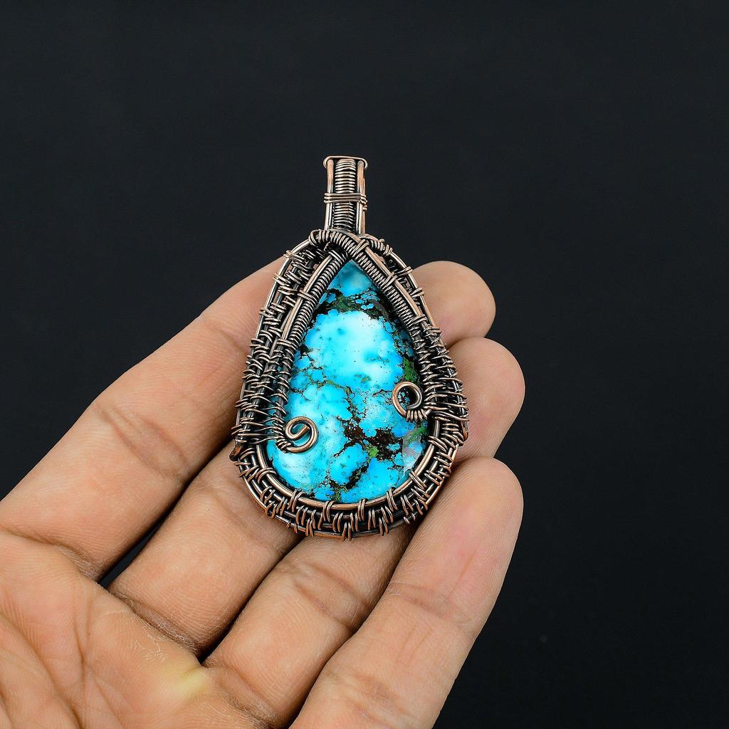 Tibetan Turquoise Pendant, 999 Copper Wire Wrapped Gemstone Jewelry, Handmade Pendant, For Thanksgiving